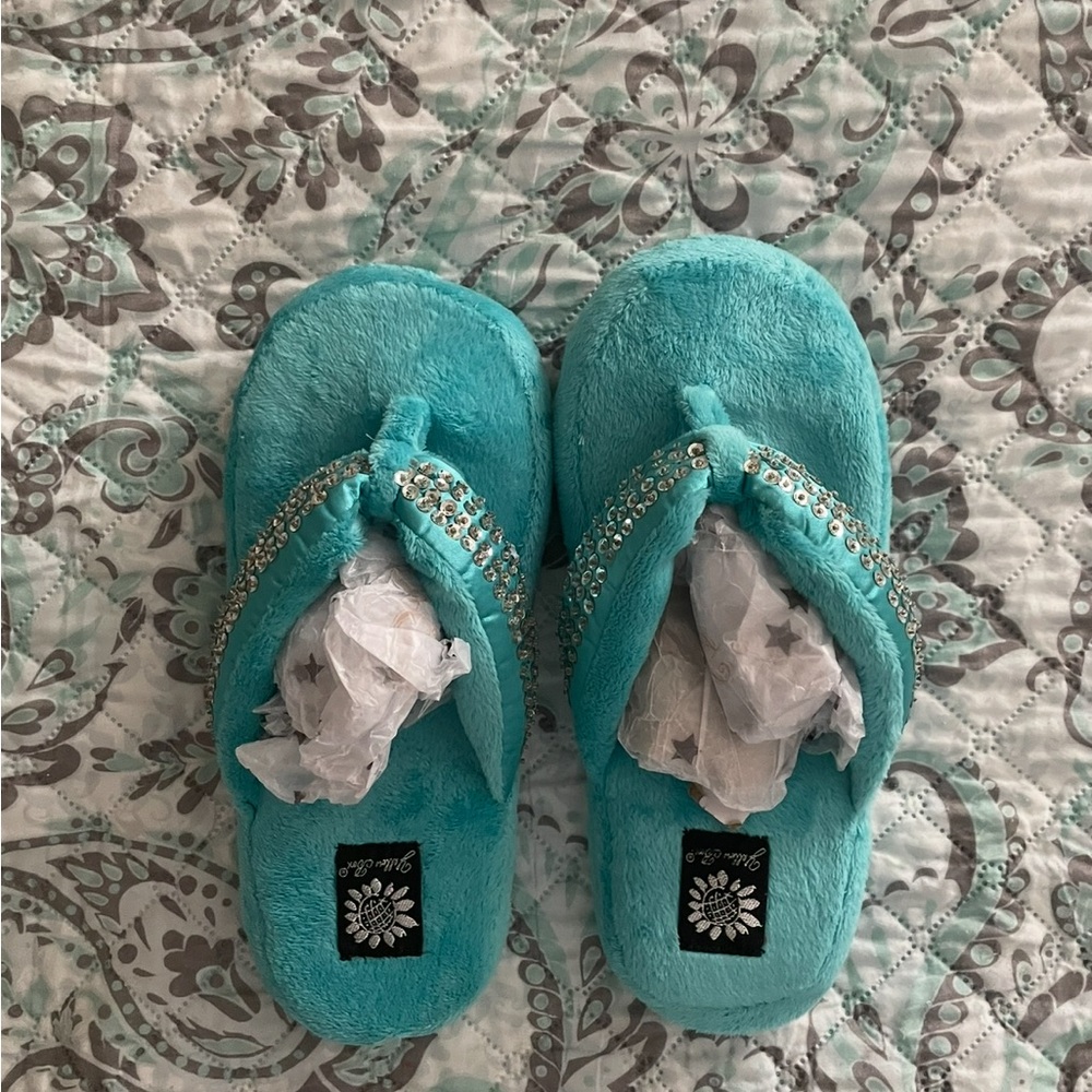 Yellow Box Turquoise Slippers with Rhinestones